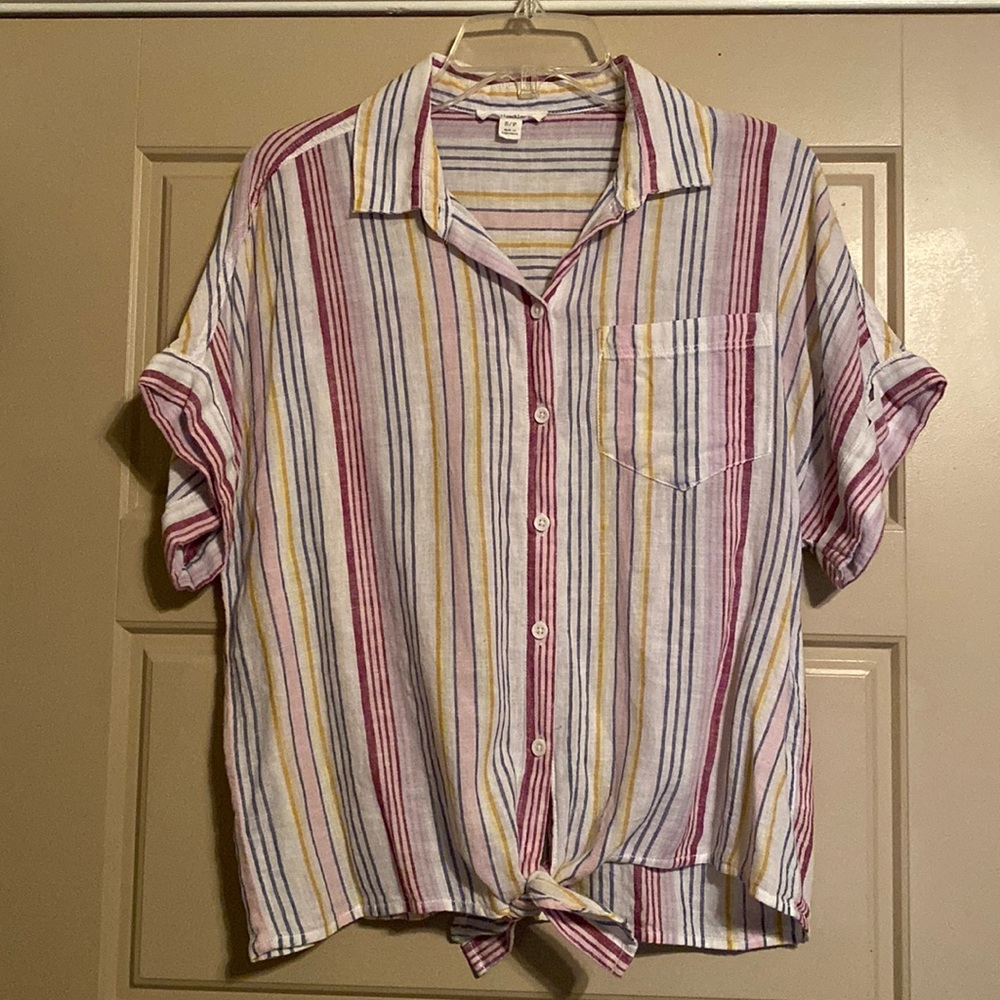 beachlunchlounge Tie-Front Button-Down Striped Boxy Linen Shirt